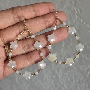 Stainless Steel Boho White Flower Hoop Earrings Beaded Gold Dangle Boheme